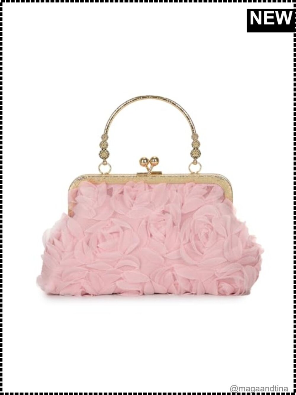 3D Floral Chiffon Clutch Evening Bag Kiss Lock Top Handle Crossbody Formal